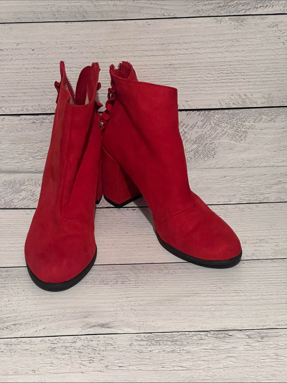 Mojo Moxy Red Suede Block Heel Ankle Booties